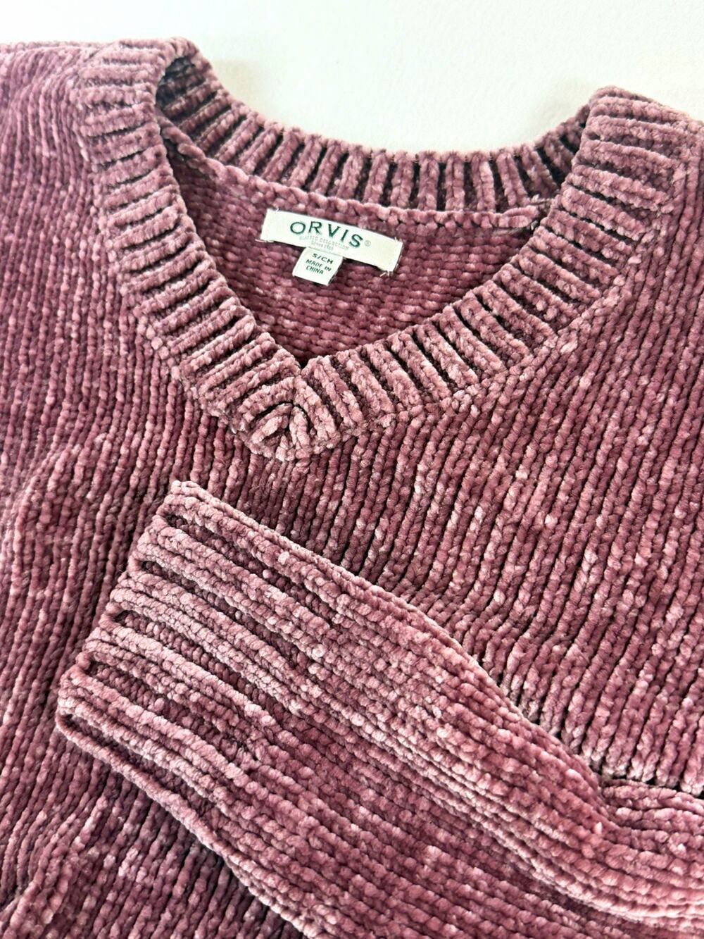 Orvis Women’s S Chenille Sweater Mauve Purple V Neck High Low Cozy Pullover